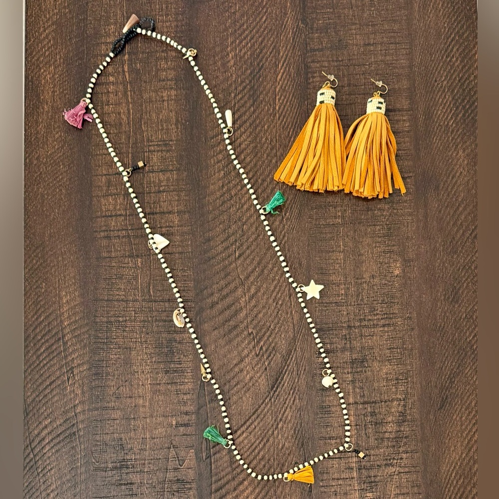 Noonday Collection necklace and fringe earrings